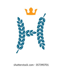 H letter logo formed by laurel wreath with crown. Vector design template elements for your application or corporate identity.
