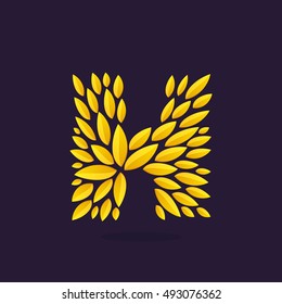 H letter logo formed by gold leaves. Vintage award laurel wreath. Vector triumph and success elements for banner, presentation, web page, card, labels or posters.