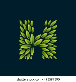 H letter logo formed by fresh green leaves. Vector ecology elements for banner, presentation, card, labels or posters.