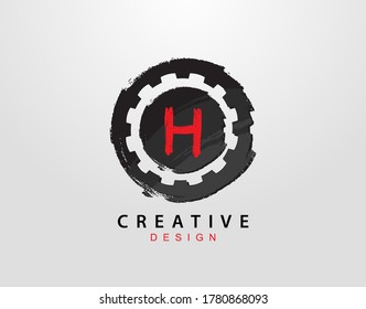 H-Letter-Logo mit Zahnrad- und Circle-Grunge-Element. Design-Vorlage für das Retro Gear-Logo.