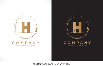 H Letter Logo With Grunge Round Shape. Modern Unique Creative H Logo Design Vector Template. Elegant Identity Design In  Gold Color.