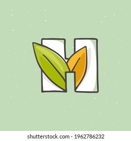 H letter logo hand drawn with a felt-tip pen in soft colors. Line style vector illustration with green leaves for your upcoming eco-friendly and zero waste projects. 