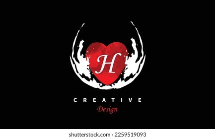 H letter logo in heart shape at red water color on black background Happy Valentines Day Vector abstract design element