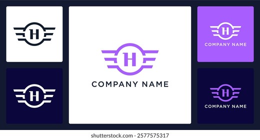 H letter logo and icon with circle and wings, vector template