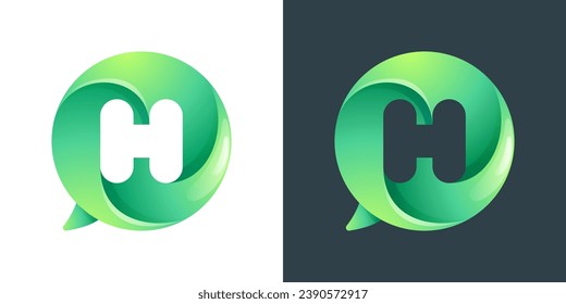 H letter logo inside speech bubble with swirl pattern. Negative space style icon. Colorful gradient emblem for your social media app, call center, online message, feedback icon, telemarketing screen.