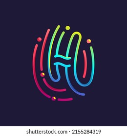 H letter logo made of fingerprint. Multicolor line icon with vivid gradients and shine. Perfect for online payment art, biometric design, nightlife advertising, digital packaging, modern identity.