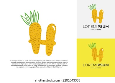 H letter logo made of pineapple. Fruit handmade calligraphy for agricultural identity, restaurant cards, kids t-shirt, summer prints, etc