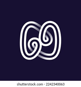 H-Buchstaben-Logo aus zwei weißen parallelen Linien auf schwarzem Hintergrund. Unendliche Schleife Symbol. Das elegante Emblem überschneidet sich. Ideal für dynamische App, Minimalismus-Design, Sport-Identität, Technologie-Adv.