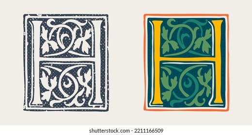 Logo de la letra H en estilo gótico medieval. Conjunto de emblemas de color oscuro y de estilo monocromo grunge. Tapa inicial de caída grabada. Perfecto para identidad de primera calidad vintage, afiches de la Edad Media, embalaje de lujo.