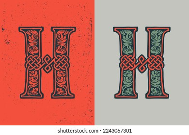 H letter logo in medieval knots lines style. Dim colored drop cap icon. Engraved barbarian emblem. Vintage illuminated initials. Perfect for vintage premium identity, Celtic posters, luxury packaging.