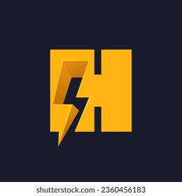 H letter logo with negative space lightning. Flash vector monogram. Electric bolt icon. Perfect type for energy labels, superhero t-shirt print, rock music posters, delivery art, electromobile adv.
