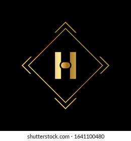 H letter logo with nice black background and gold frame.H letter icon.