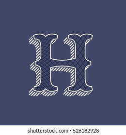 H letter logo in retro money style with line pattern and shadow. Slab serif type. Vintage vector font for labels and posters.