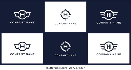 H letter logo set with compass, wing, and ring, editable vector bundle