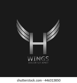 H letter logo. Silver wings symbol. Silver H letter logo template for air company