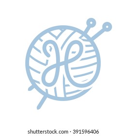 H letter logo with skein of yarn and knitting needles. Vintage font style, vector design template elements for your yarn shop or corporate identity.