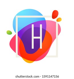 H letter logo in square frame at watercolor splash background. Color overlay style. Vector typeface for labels, headlines, posters, cards etc.