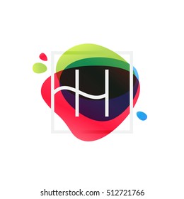 H letter logo in square frame at multicolor splash background. Vector watercolor elements for posters, t-shirts and cards.