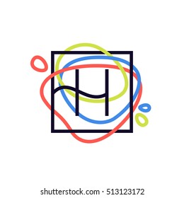 H letter logo in square frame at colorful line background. Font style, vector design template elements for your posters, invitations, cards. 