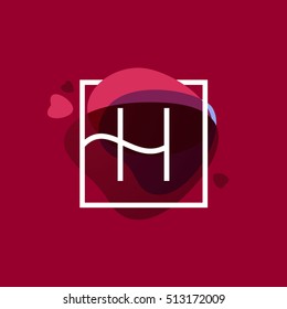 H letter logo in square frame at watercolor background with hearts. Happy Valentines Day design elements.