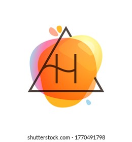 H letter logo in triangle frame at watercolor splash background. Color overlay style. Perfect vector icon for vintage design, funny watercolor posters, geometry labels, etc.