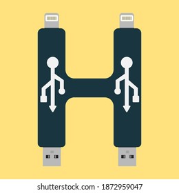 H Letter logo with USB cable isolated in vector illustration on black background. H letter simple or icon, Icon for Technology business or company.