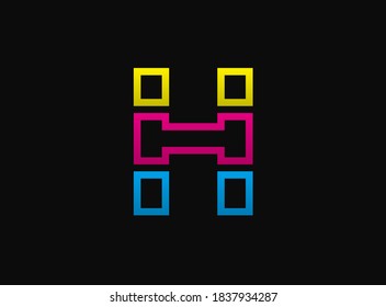 H letter logo, vector desing font .Dynamic cmyk split blue, pink, yellow color on black background. For social media,design elements, creative poster, web template etc.
