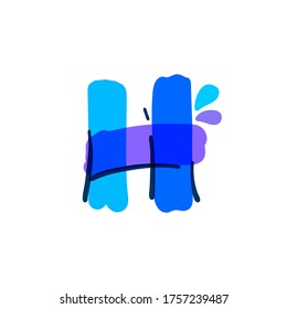 H letter logo with water drops and waves. Handwritten with a felt-tip pen. Vector bold marker font can be used for washing labels, healthcare headlines, pure posters, ecology cards etc.