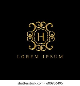 H letter luxury golden vector logo design template. Vintage frame for hotel, boutique, fashion label