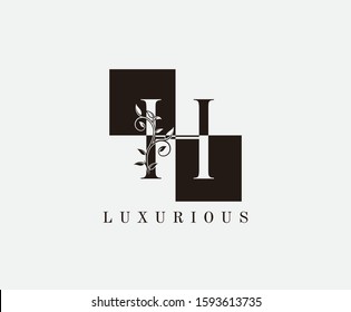 H Letter Luxury Vintage Logo. Minimalist H With Classic Leaves and Square Shape 