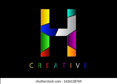 H letter in many colors with broken glass effect. Shattered letter with falling pieces vector illustration for logo, monogram, label, cover, emblem, company name, glass business, firm sign or web page