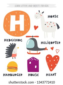 H letter objects and animals including hedgehog, helicopter, horse, heart, house, hamburger. Learn english alphabet, letters, words for kids