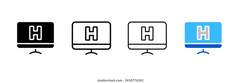 H letter on monitor screen icon set. Silhouette, linear, and flat style. Vector icons.