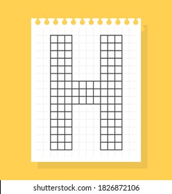 H letter on notepad sheet of squared paper, made of squares. Vector illustration