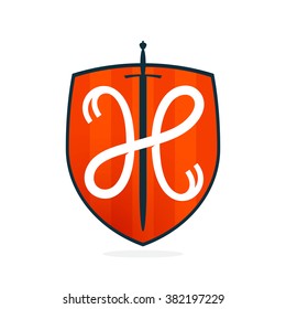 H letter on the sword and shield. Font style, vector design template elements for your application or corporate identity.