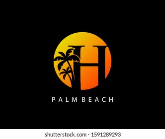H Letter Palm Tree and Sun Set Logo Icon. Perfect for surfing shop, sport, Tour and Travel. Initial H with sunset and palm tree.