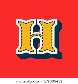 H letter sports team logo in tackle twill style. Embroidered serif font for university uniform, baseball champion posters and vintage basketball identity.
