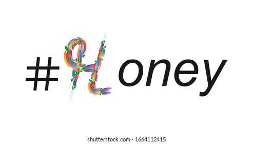 H letter symbol, H monogram. Honey word creative poster design. Floral Abstract colourful brush. Spring banner template. Social hashtag. Text vector concept. Artistic illustration.
