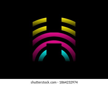 Diseño vectorial de letra H, logotipo de tipo de letra en color Cmyk. Color dinámico de rosa, azul, amarillo sobre fondo negro. Para medios sociales, elementos de diseño, afiche creativo, plantilla web    


