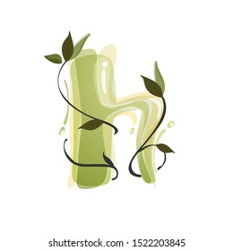 H letter watercolor hand drawn green natural logo.  Watercolor splashes style. Vector typeface for eco, vegan, bio, raw, organic template.