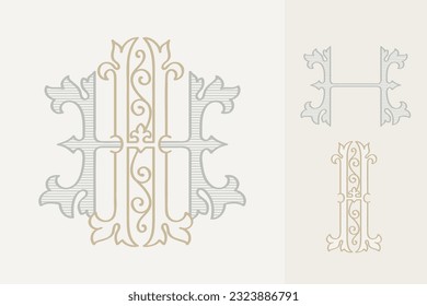 H letter wedding monogram creator kit. Elegant historical style alphabet for party invitations. This set includes Wide and Narrow capitals for your own emblem. Find full set in my profile.