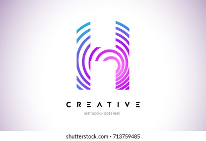 H Lines Warp Logo Design.Vector Letter Icon Made with Purple Circular Lines.
