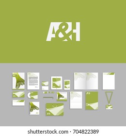 A and H Logo. Corporate identity template set. Business stationery mock-up