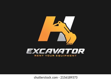 H logo excavator for construction company. Heavy equipment template vector illustration for your brand.