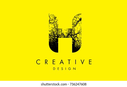 H Logo Letter Made From Black Tree Branches. Tree Letter Design with Minimalist Creative Style.