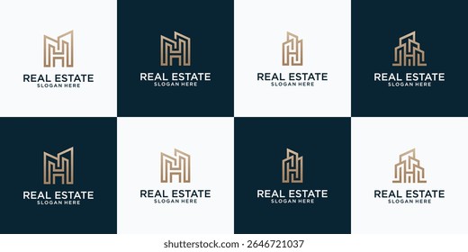 H logo set collection. Apartment logo. H letter logo with luxury building.