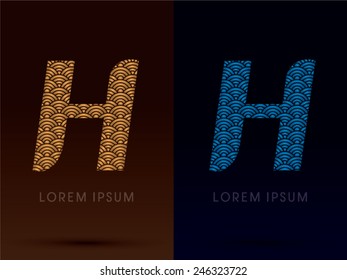 H ,Luxury font ,designed using gold and blue bold line graphic, concept shape from water, river, sea, ocean, fish scale, logo, symbol, icon, vector.