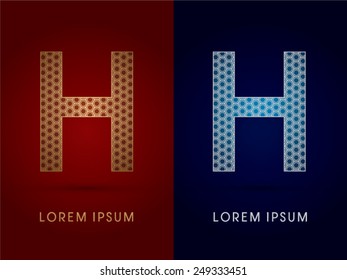 H ,Luxury font ,designed using gold and silver geometric on dark red and dark blue background, concept shape from screws, hexagon, honeycomb, jewelry, gems ,logo, symbol, icon, graphic, vector.
