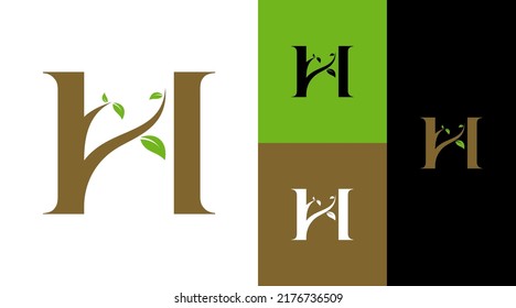 H Monogram Logo Design Green Leaves with Tree Natural Environment Concept