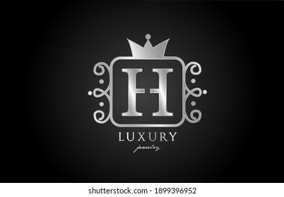 H monogram silver metal alphabet letter logo. Creative icon design with king crown for luxury business and company 